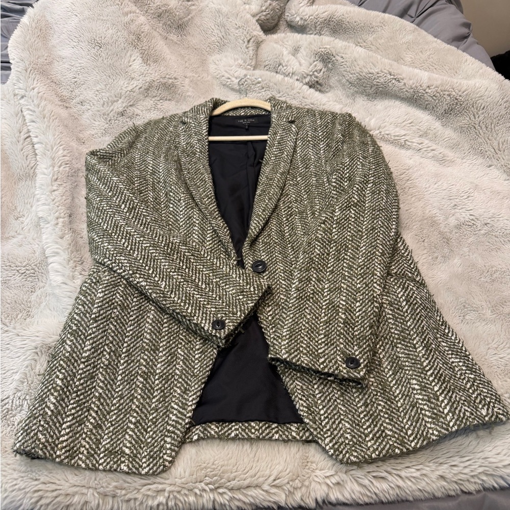 rag & bone Olive and Cream Herringbone Tweed Blazer